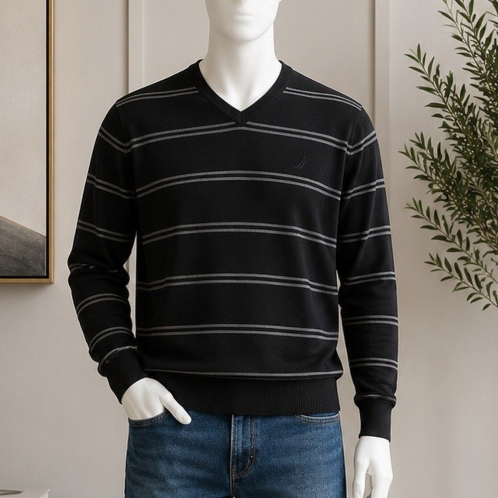 Nautica Mens Sweater Black Gray Striped Luxury Performance V-Neck XL